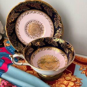 PARAGON heavy gold, pink and cobalt blue cup, and saucer